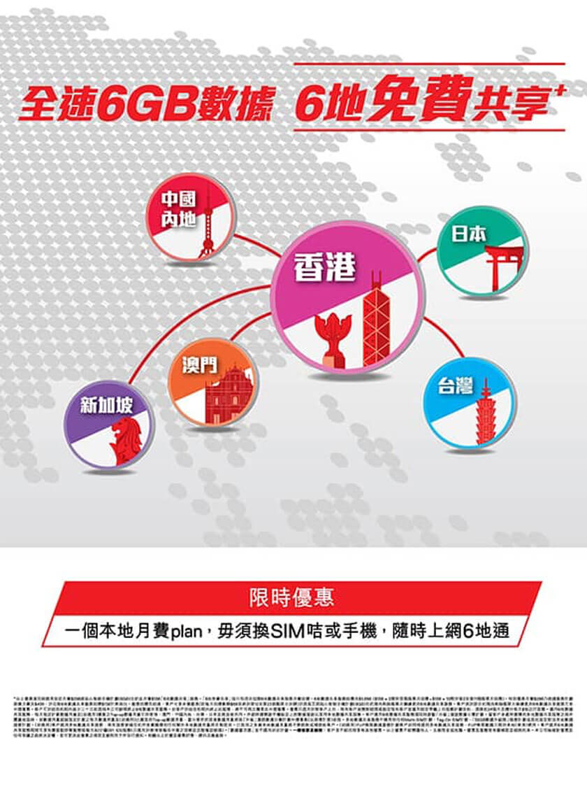 全速6GB數據 6地免費共享